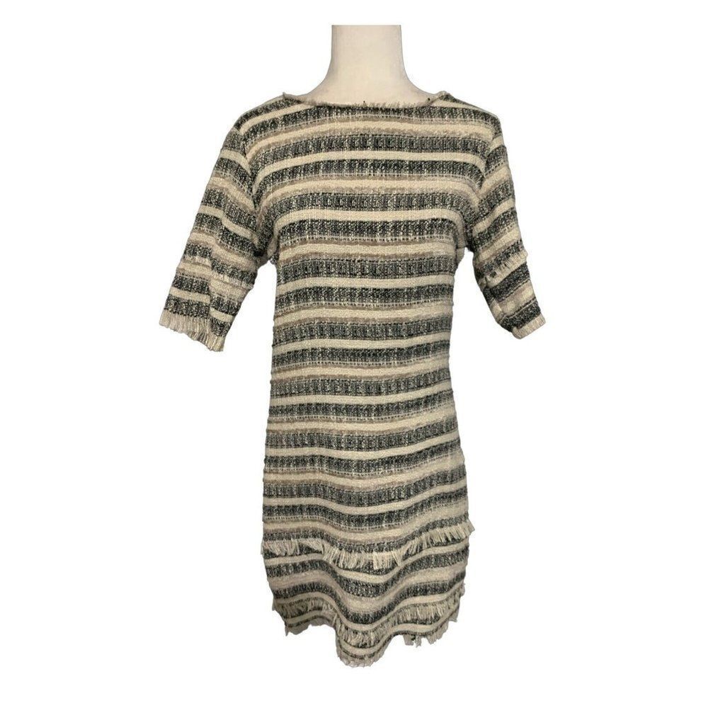 zara womens black ivory Crew Neck short sleeve Knee Length tweed dress large